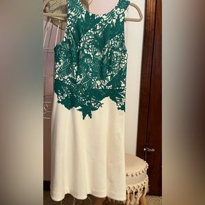Beautiful lined white dress with dark green lace bodice. New. Never worn.